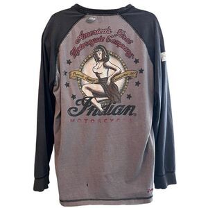 Vintage Indian Motorcycle Men’s XL Bomber Pinup Girl Raglan Long Sleeve Shirt